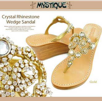Mystique ミスティーク レザー ウェッジ サンダル Crystal Jeweled Sandals.png